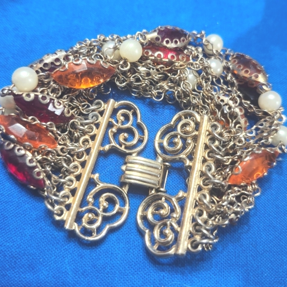Vtg Etruscan Revival Glass Bezel Faux Pearl Multistrand Bracelet